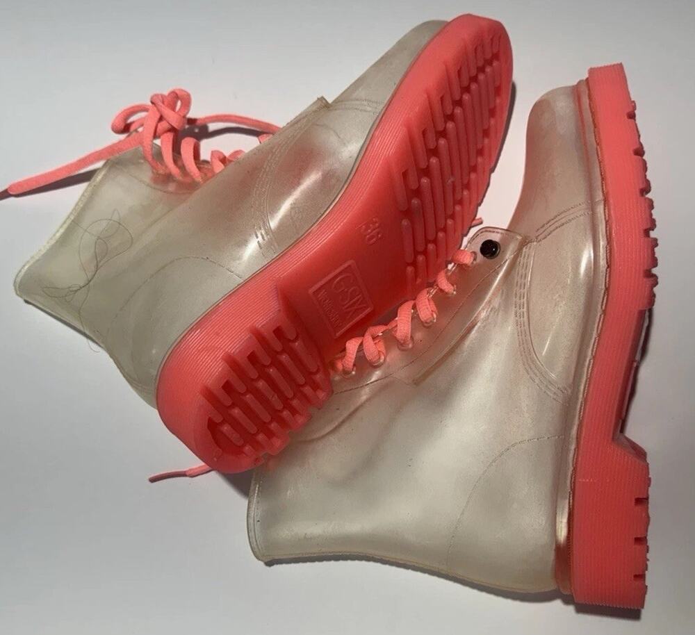 G-SKY Workshop Women Clear Pink PVC Waterproof Ankle Rain Boots Lace Up Sz 6.5